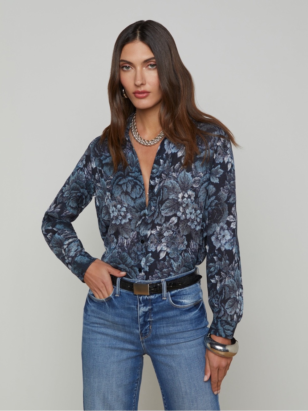 L'AGENCE 100% Silk Nina Floral Silk Floral Button-Down Blouse Size M